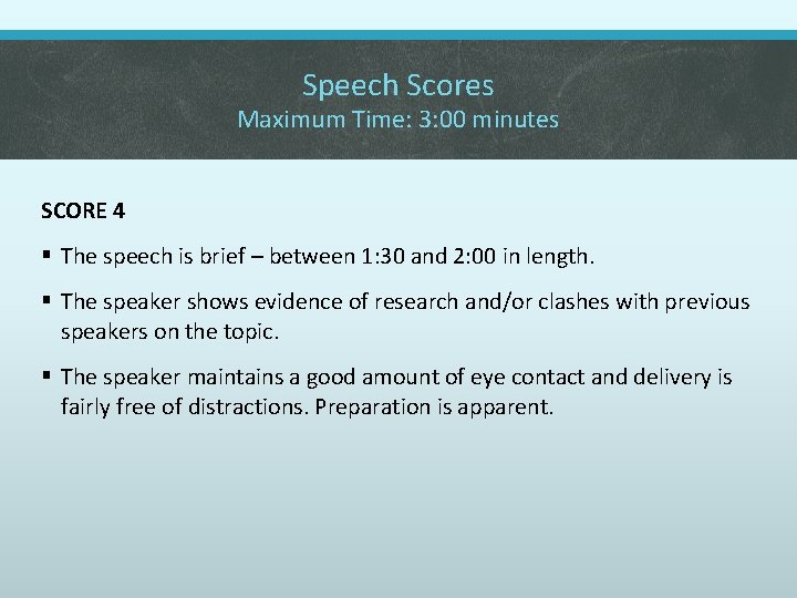Speech Scores Maximum Time: 3: 00 minutes SCORE 4 § The speech is brief