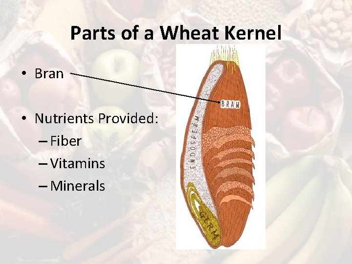 Parts of a Wheat Kernel • Bran • Nutrients Provided: – Fiber – Vitamins