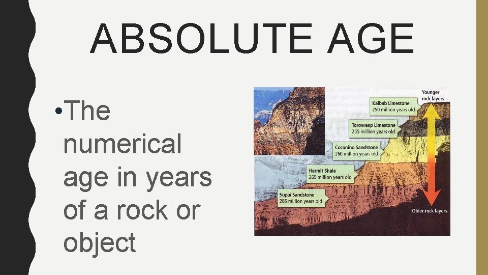 ABSOLUTE AGE • The numerical age in years of a rock or object 
