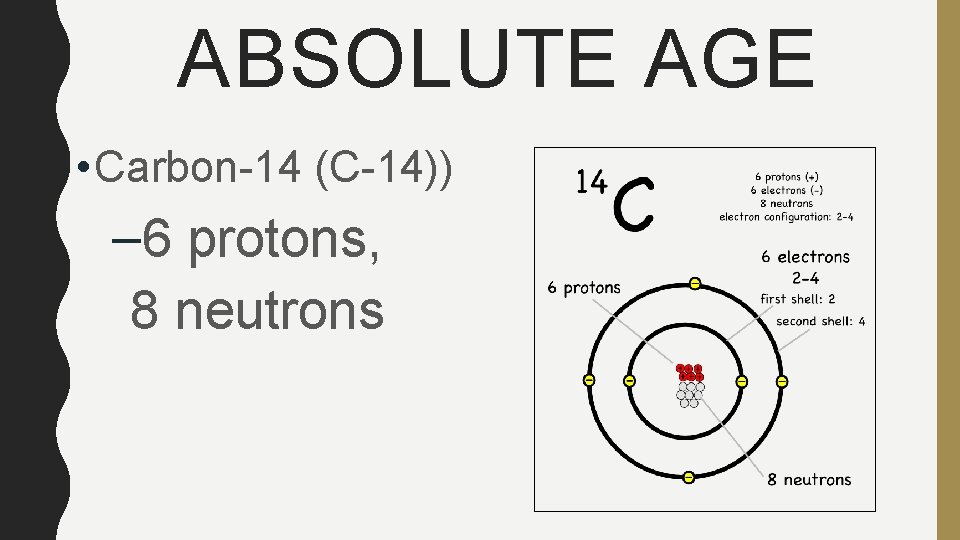 ABSOLUTE AGE • Carbon-14 (C-14)) – 6 protons, 8 neutrons 