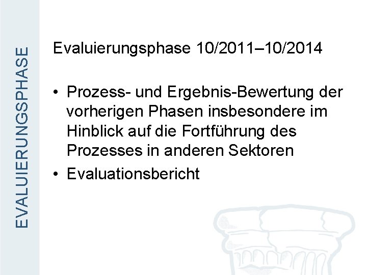 EVALUIERUNGSPHASE Evaluierungsphase 10/2011– 10/2014 • Prozess- und Ergebnis-Bewertung der vorherigen Phasen insbesondere im Hinblick