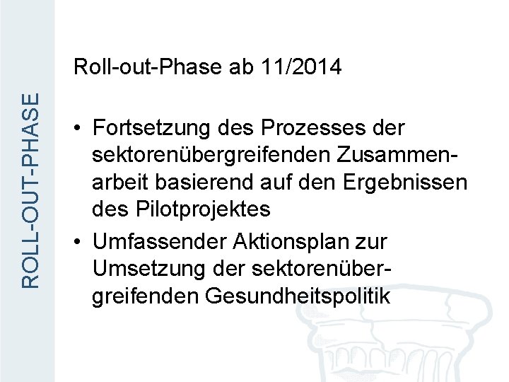 ROLL-OUT-PHASE Roll-out-Phase ab 11/2014 • Fortsetzung des Prozesses der sektorenübergreifenden Zusammenarbeit basierend auf den