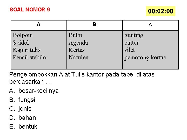 SOAL NOMOR 9 A Bolpoin Spidol Kapur tulis Pensil stabilo B Buku Agenda Kertas