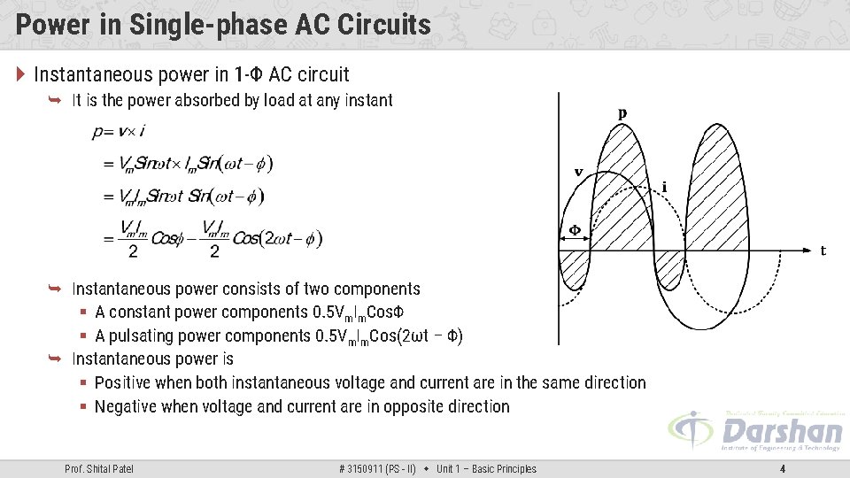 Power in Single-phase AC Circuits Instantaneous power in 1 -Φ AC circuit It is