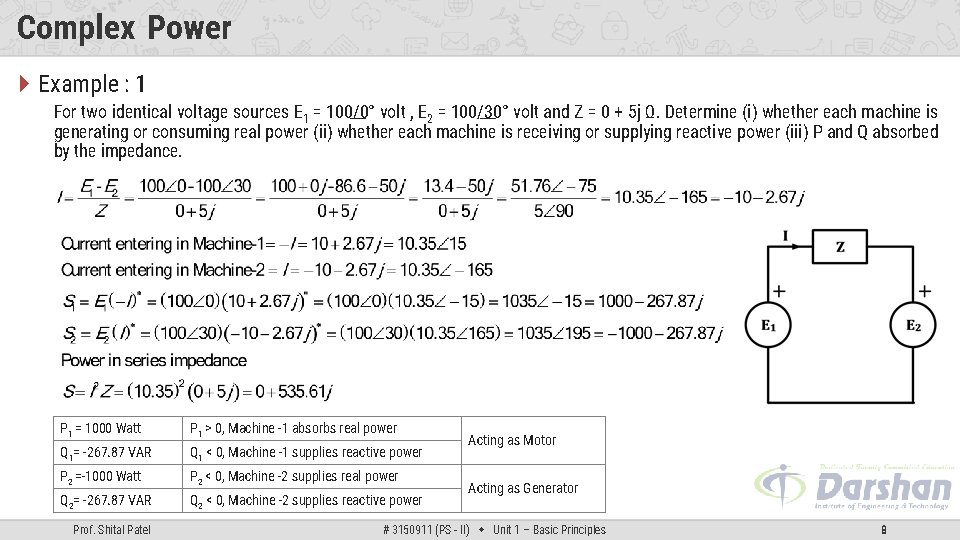 Complex Power Example : 1 For two identical voltage sources E 1 = 100/0°