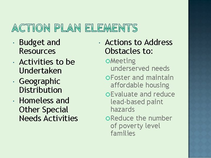  Budget and Resources Activities to be Undertaken Geographic Distribution Homeless and Other Special