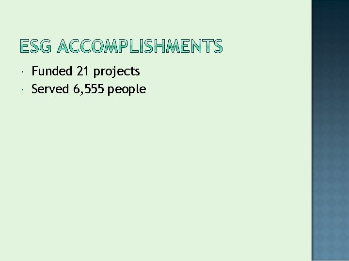  Funded 21 projects Served 6, 555 people 