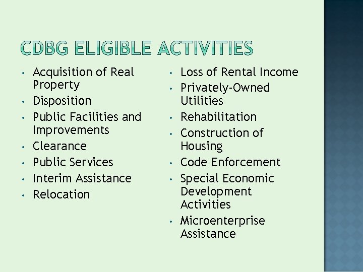  • • Acquisition of Real Property Disposition Public Facilities and Improvements Clearance Public