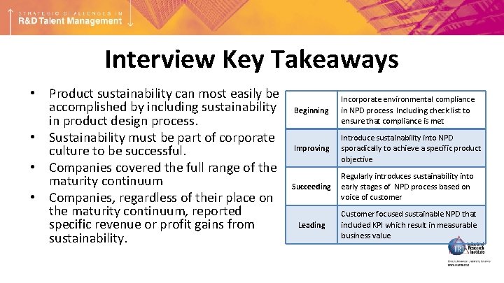 Interview Key Takeaways • Product sustainability can most easily be accomplished by including sustainability