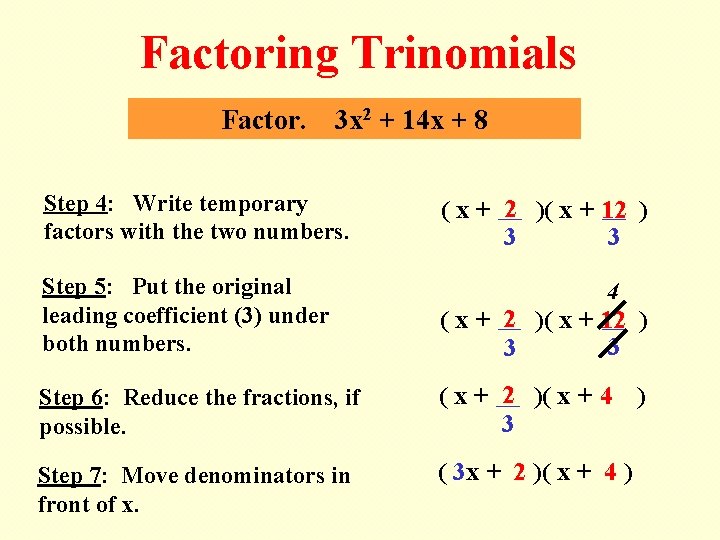 Factoring Trinomials Factor. 3 x 2 + 14 x + 8 Step 4: Write