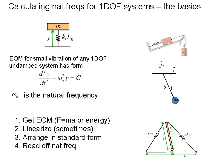 Calculating nat freqs for 1 DOF systems – the basics EOM for small vibration Calculating nat freqs for 1 DOF systems – the basics EOM for small vibration
