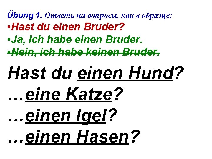 Übung 1. Ответь на вопросы, как в образце: • Hast du einen Bruder? •