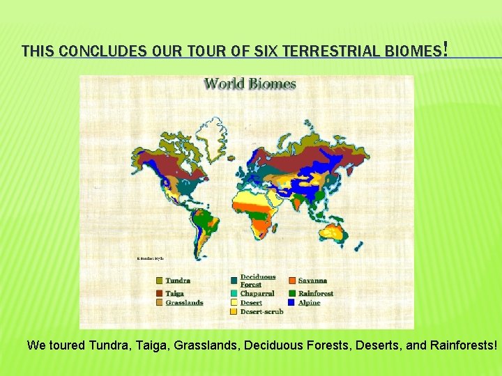 THIS CONCLUDES OUR TOUR OF SIX TERRESTRIAL BIOMES! We toured Tundra, Taiga, Grasslands, Deciduous