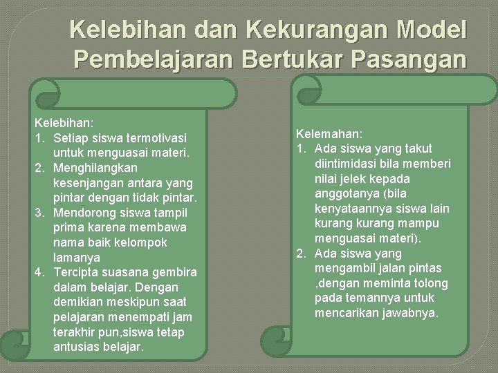 Kelebihan dan Kekurangan Model Pembelajaran Bertukar Pasangan Kelebihan: 1. Setiap siswa termotivasi untuk menguasai