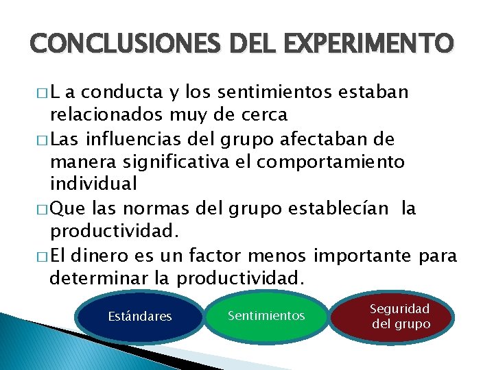 CONCLUSIONES DEL EXPERIMENTO �L a conducta y los sentimientos estaban relacionados muy de cerca