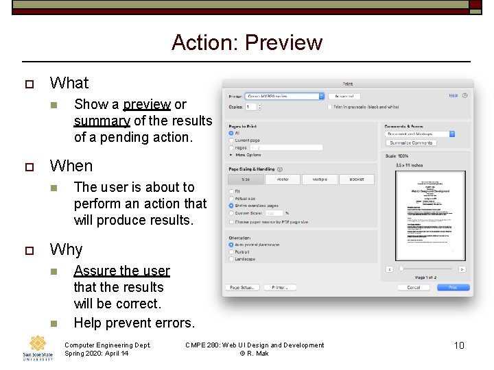 Action: Preview o What n o When n o Show a preview or summary