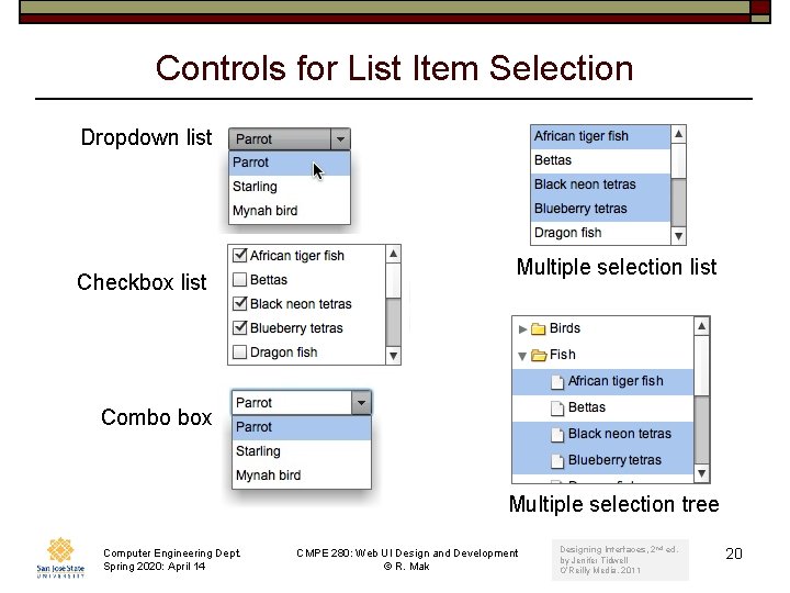 Controls for List Item Selection Dropdown list Checkbox list Multiple selection list Combo box