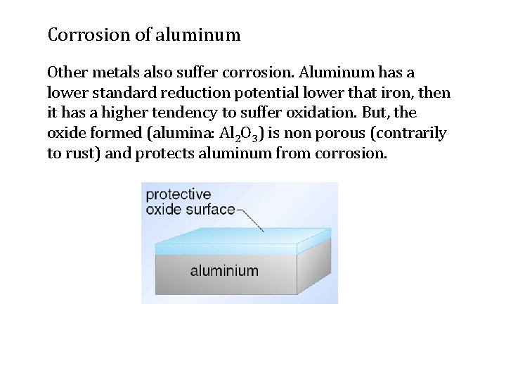 Corrosion of aluminum Other metals also suffer corrosion. Aluminum has a lower standard reduction