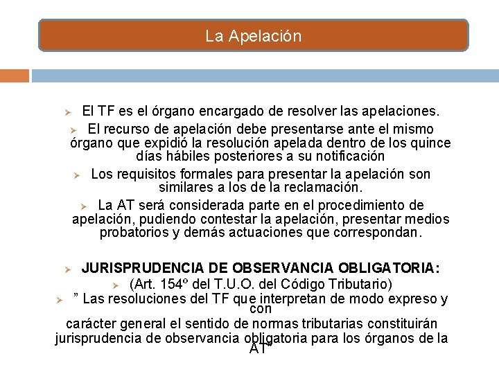 La Apelación El TF es el órgano encargado de resolver las apelaciones. Ø El