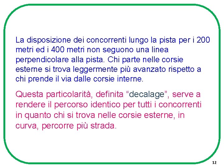 La disposizione dei concorrenti lungo la pista per i 200 metri ed i 400