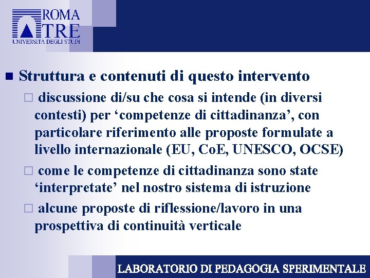 n Struttura e contenuti di questo intervento discussione di/su che cosa si intende (in