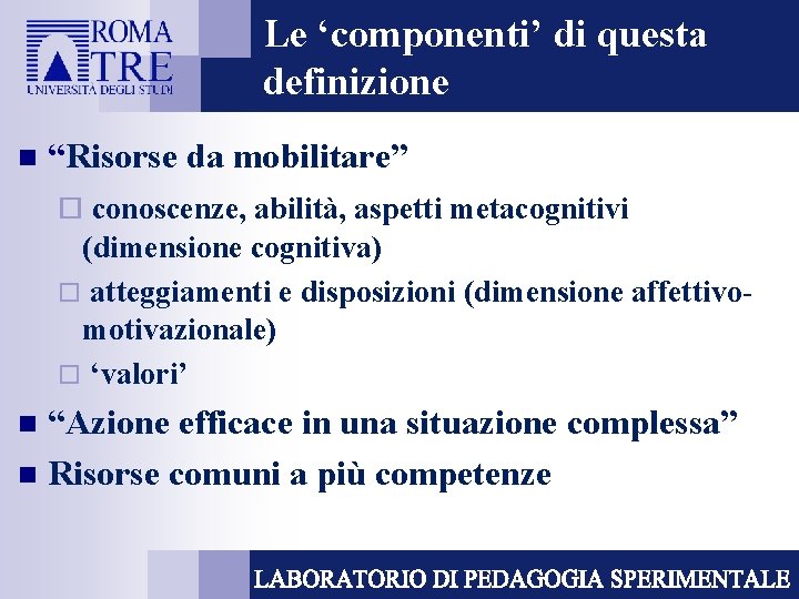 Le ‘componenti’ di questa definizione n “Risorse da mobilitare” ¨ conoscenze, abilità, aspetti metacognitivi