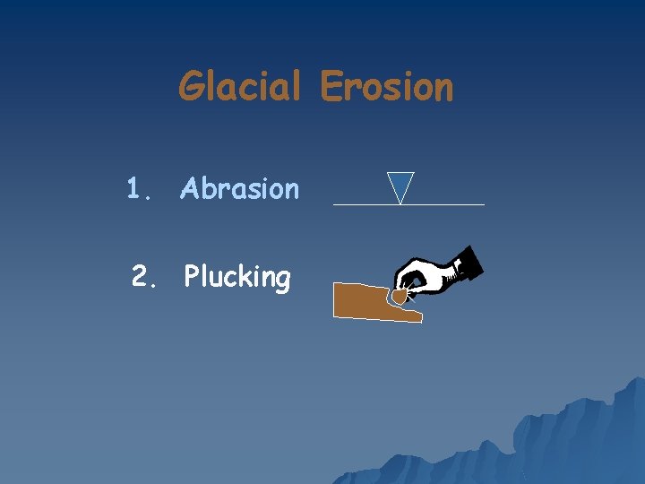 Glacial Erosion 1. Abrasion 2. Plucking 