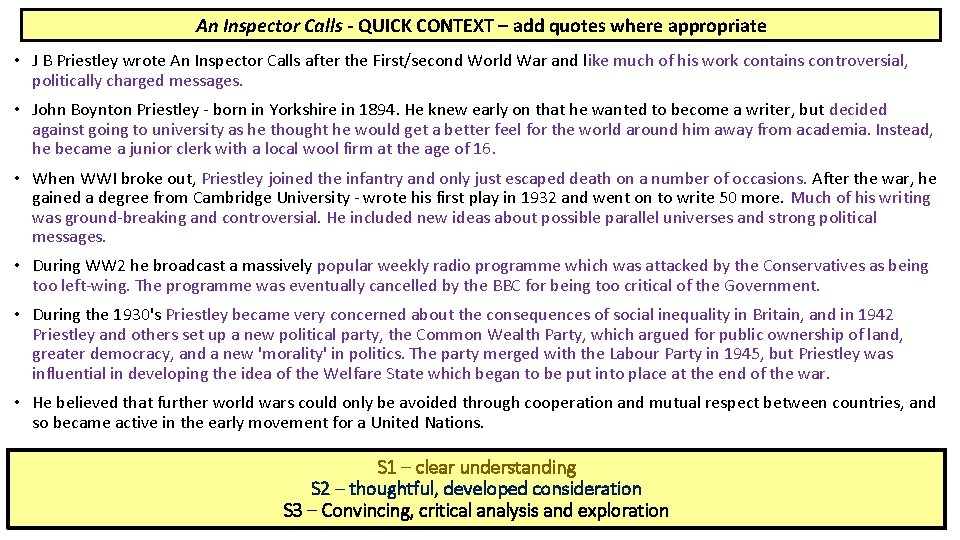 An Inspector Calls - QUICK CONTEXT – add quotes where appropriate • J B