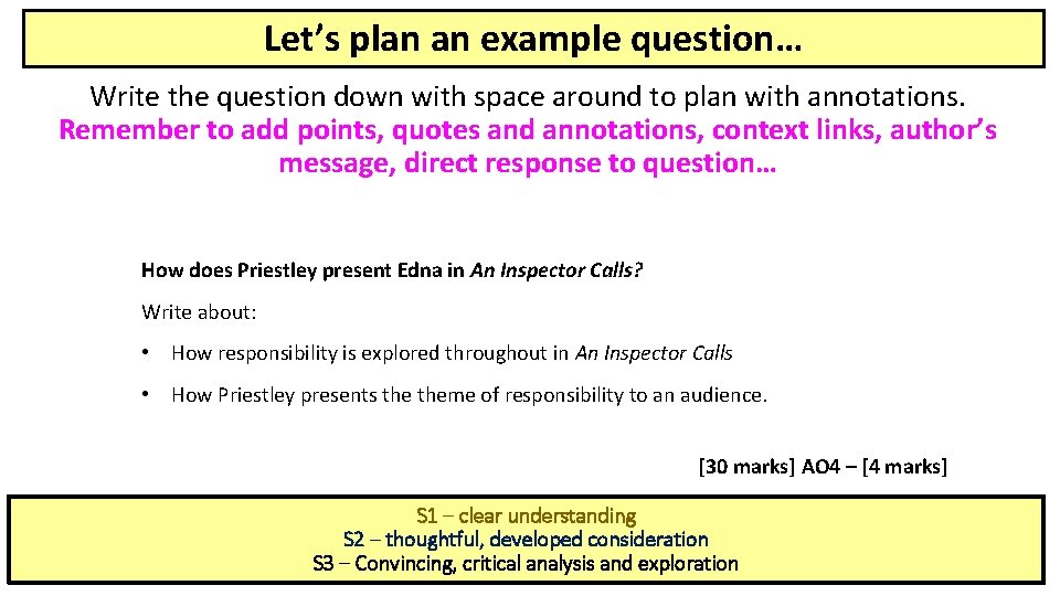 Let’s plan an example question… Write the question down with space around to plan