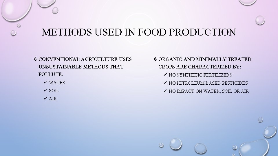METHODS USED IN FOOD PRODUCTION v CONVENTIONAL AGRICULTURE USES UNSUSTAINABLE METHODS THAT POLLUTE: v