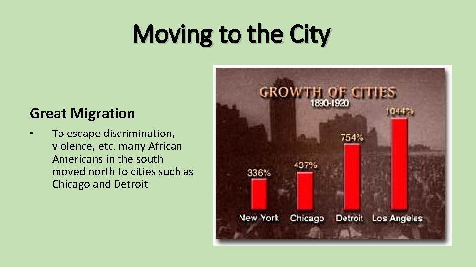 Moving to the City Great Migration • To escape discrimination, violence, etc. many African
