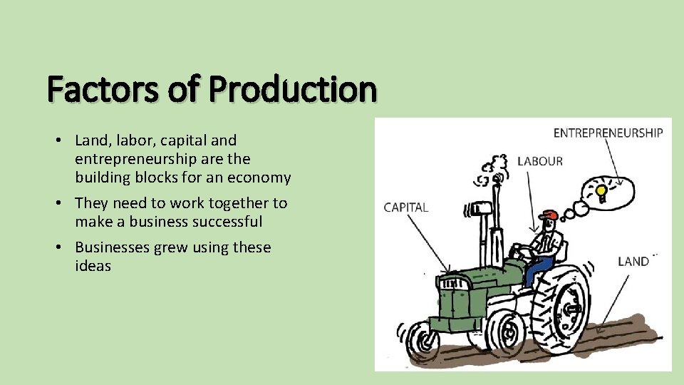 Factors of Production • Land, labor, capital and entrepreneurship are the building blocks for