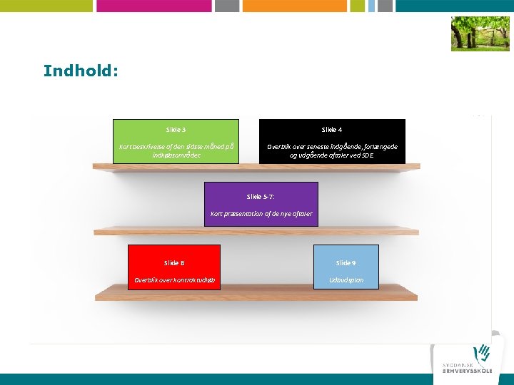 Indhold: Slide 3 Slide 4 Kort beskrivelse af den sidste måned på indkøbsområdet Overblik