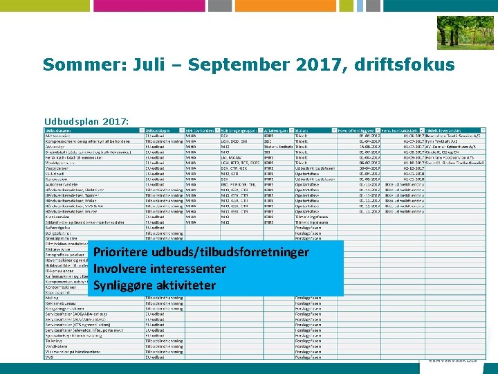 Sommer: Juli – September 2017, driftsfokus Udbudsplan 2017: Prioritere udbuds/tilbudsforretninger Involvere interessenter Synliggøre aktiviteter