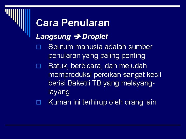 Cara Penularan Langsung Droplet o Sputum manusia adalah sumber penularan yang paling penting o