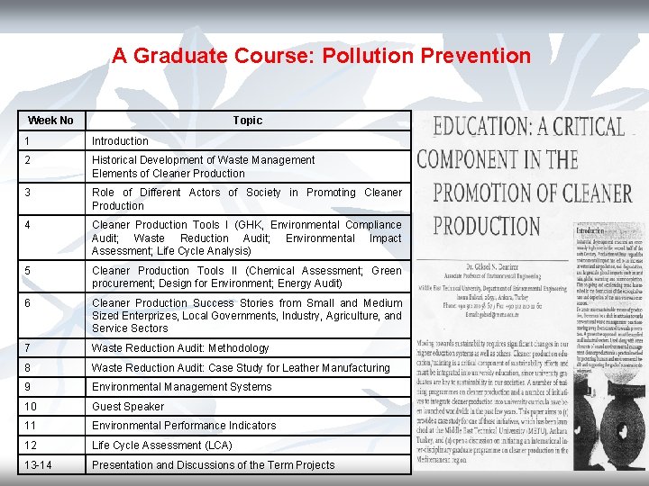 A Graduate Course: Pollution Prevention Week No Topic 1 Introduction 2 Historical Development of