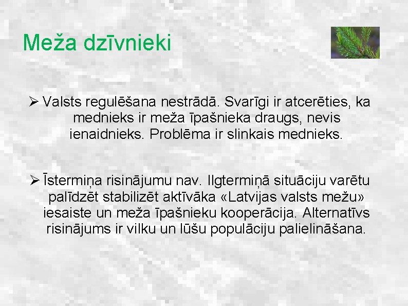 Meža dzīvnieki Ø Valsts regulēšana nestrādā. Svarīgi ir atcerēties, ka mednieks ir meža īpašnieka