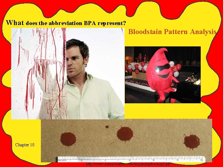 What does the abbreviation BPA represent? Bloodstain Pattern Analysis Chapter 10 http: //www. crimescenetwo.