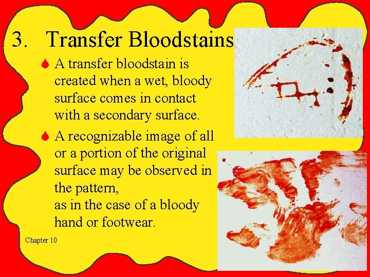 3. Transfer Bloodstains S A transfer bloodstain is created when a wet, bloody surface