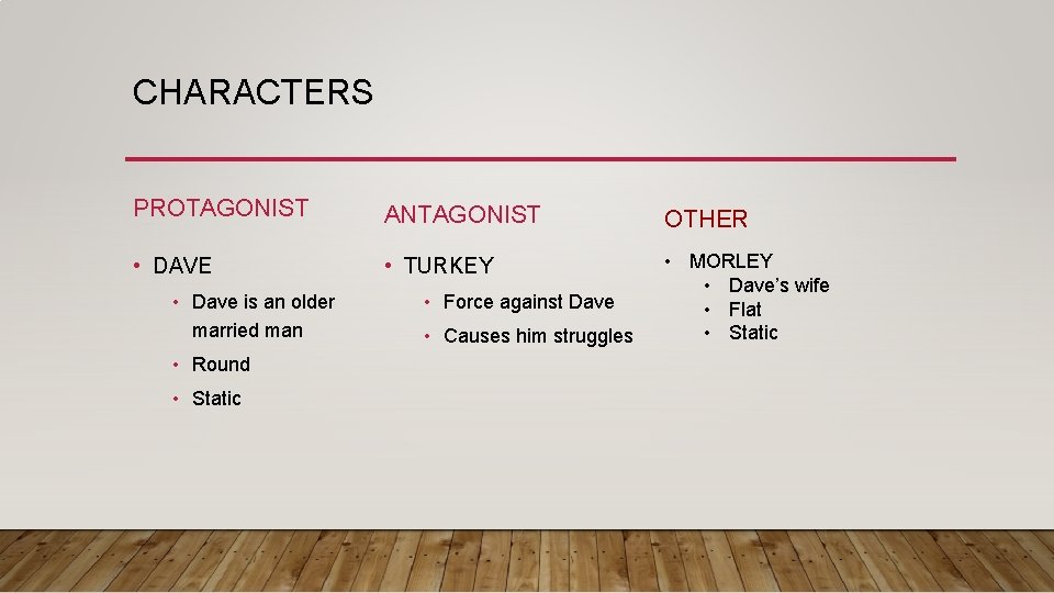 CHARACTERS PROTAGONIST ANTAGONIST OTHER • DAVE • TURKEY • MORLEY • Dave’s wife •