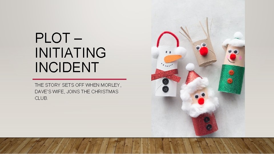 PLOT – INITIATING INCIDENT THE STORY SETS OFF WHEN MORLEY, DAVE’S WIFE, JOINS THE
