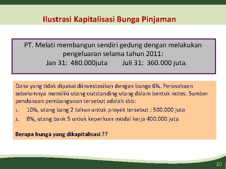 Ilustrasi Kapitalisasi Bunga Pinjaman PT. Melati membangun sendiri gedung dengan melakukan pengeluaran selama tahun
