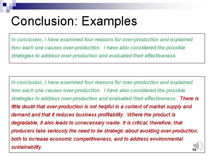 Conclusion: Examples In conclusion, I have examined four reasons for over-production and explained how