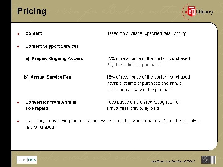 Pricing ¨ Content Support Services Based on publisher-specified retail pricing a) Prepaid Ongoing Access