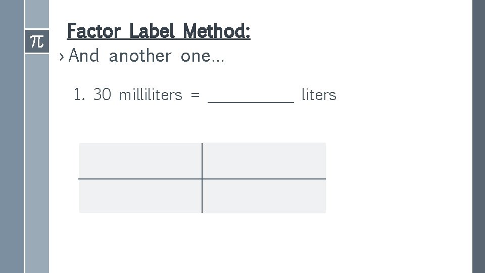 Factor Label Method: › And another one… 1. 30 milliliters = ______ liters 