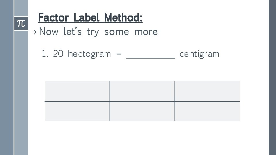 Factor Label Method: › Now let’s try some more 1. 20 hectogram = ______
