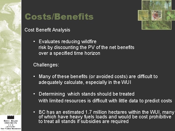 Costs/Benefits Cost Benefit Analysis • Evaluates reducing wildfire risk by discounting the PV of