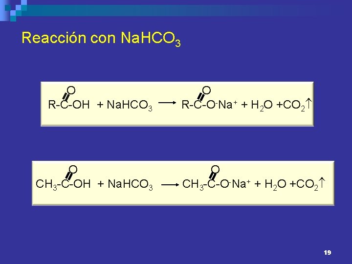 Reacción con Na. HCO 3 O R-C-OH + Na. HCO 3 O CH 3