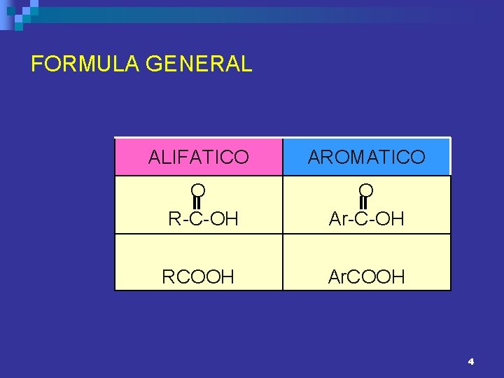 FORMULA GENERAL ALIFATICO AROMATICO O R-C-OH O Ar-C-OH RCOOH Ar. COOH 4 