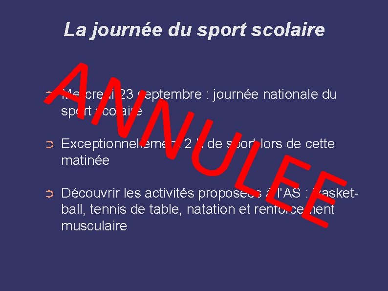 La journée du sport scolaire ANN ULE ➲ Mercredi 23 septembre : journée nationale